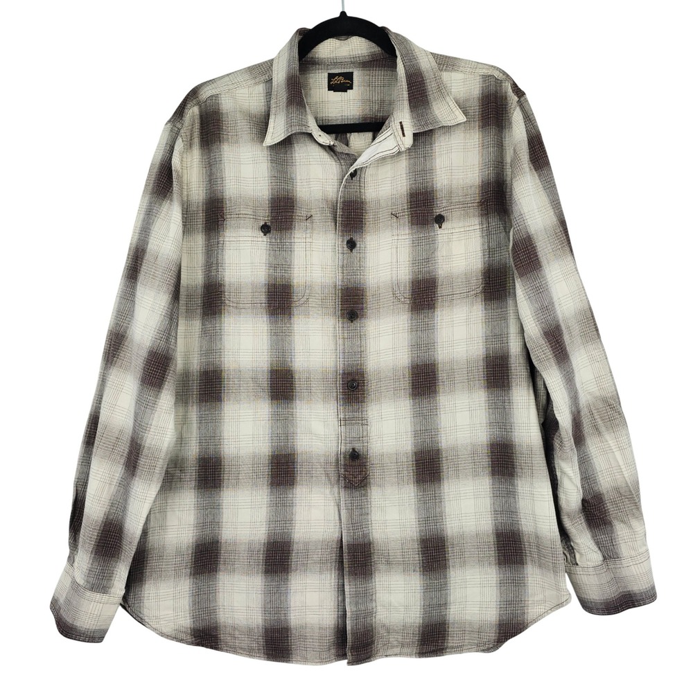 LL Bean‎ Men's Brown Grey White Plaid Cotton Button Down Shirt Long Sleeve Large